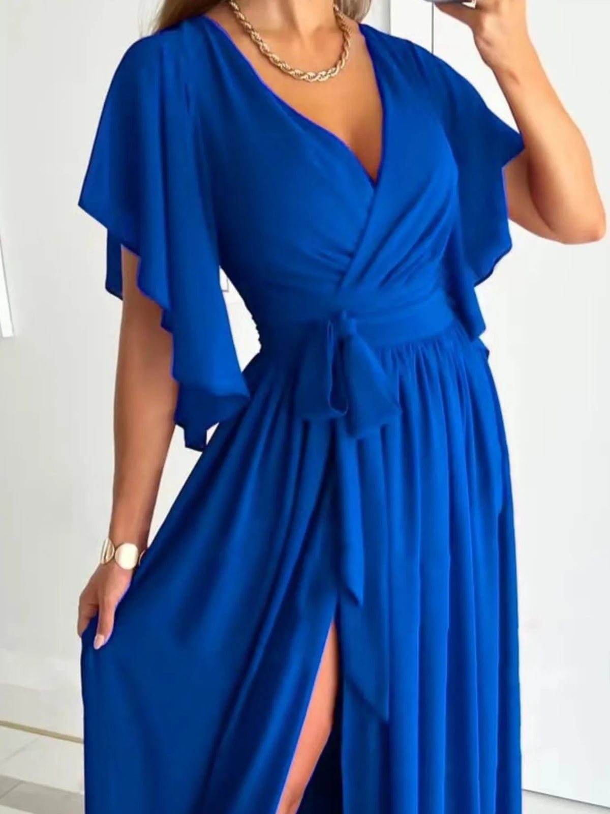 Flutter Sleeve Surplice Tie Waist Dress - Ladyez