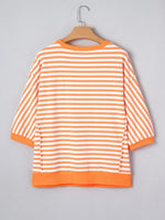 Stripe 3/4 Sleeve Exposed Seam Patchwork Pullover Top