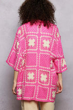 POL Button Down Openwork Floral Crochet Shirt with Granny Square Pattern