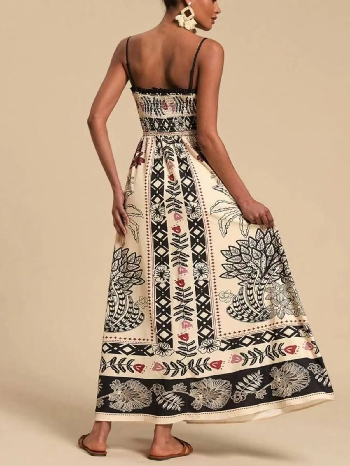 Smocked Printed Spaghetti Strap Maxi Summer Dress - Ladyez