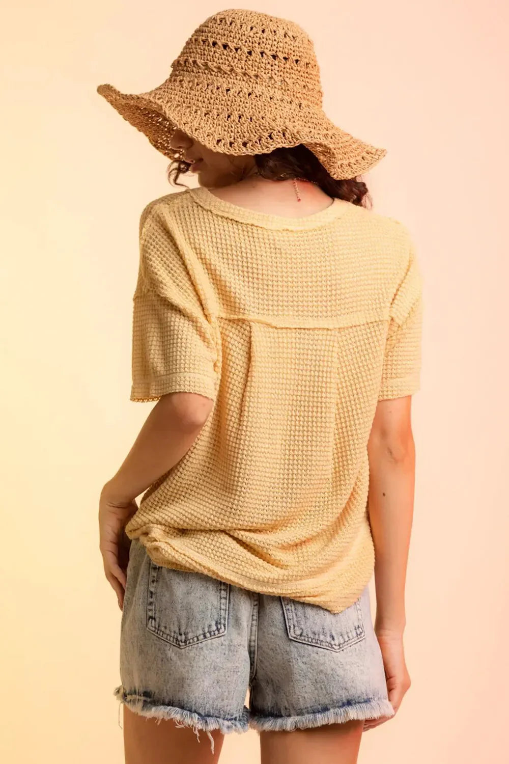 Waffle-Knit Notched Half Sleeve T-Shirt