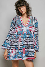POL Striped Floral Long Sleeve Mini Dress with Pintuck Detail