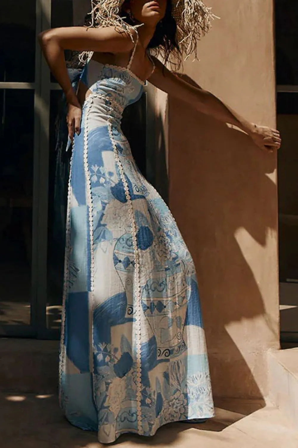 Cutout Back Printed Square Neck Maxi Dress - Ladyez