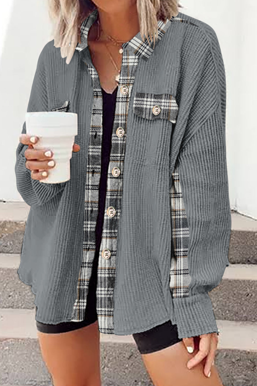 Plaid Button Down Collared Jacket - Ladyez