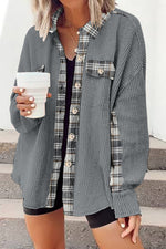Plaid Button Down Collared Jacket - Ladyez