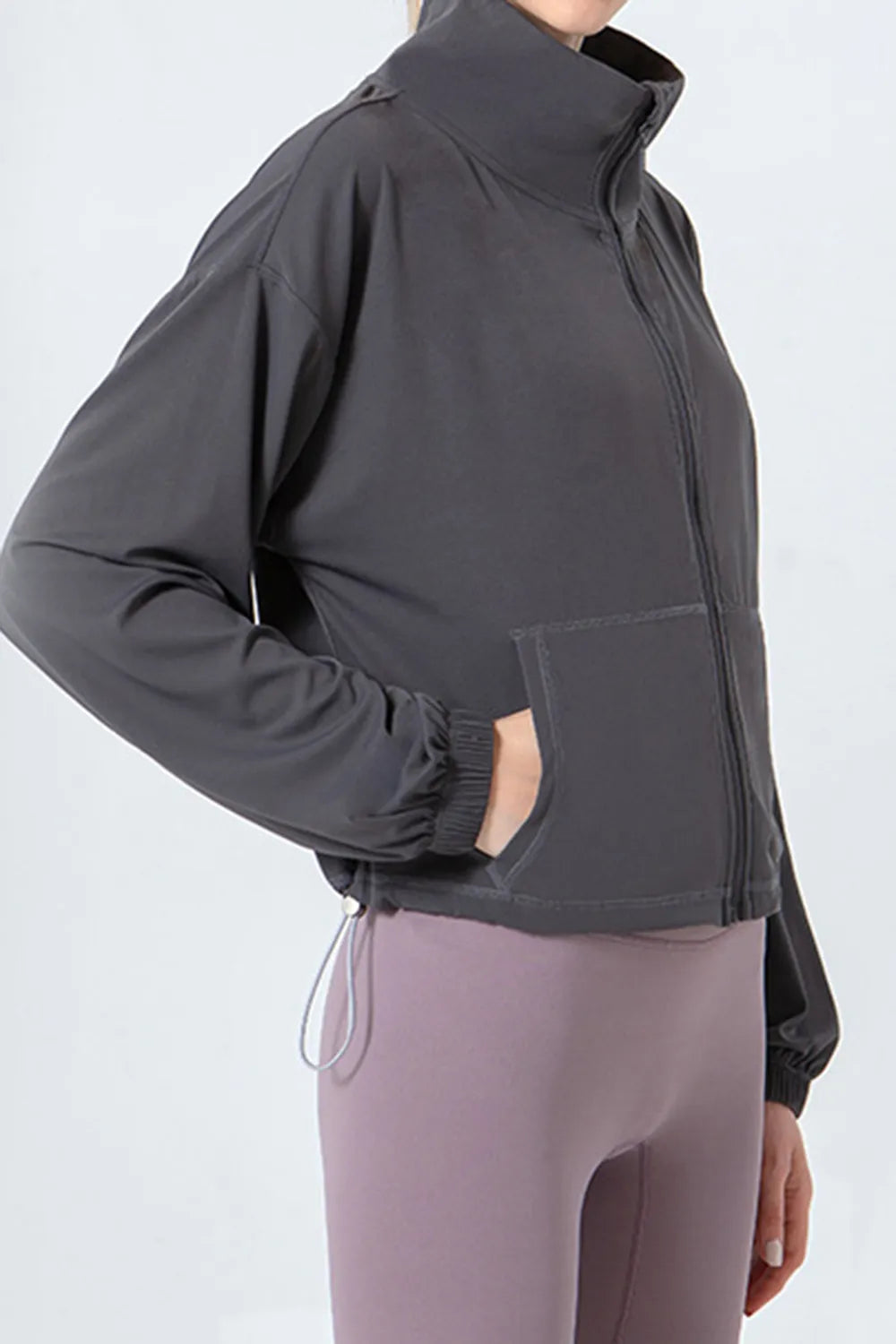 Drawstring Zip Up Dropped Shoulder Active Outerwear - Ladyez