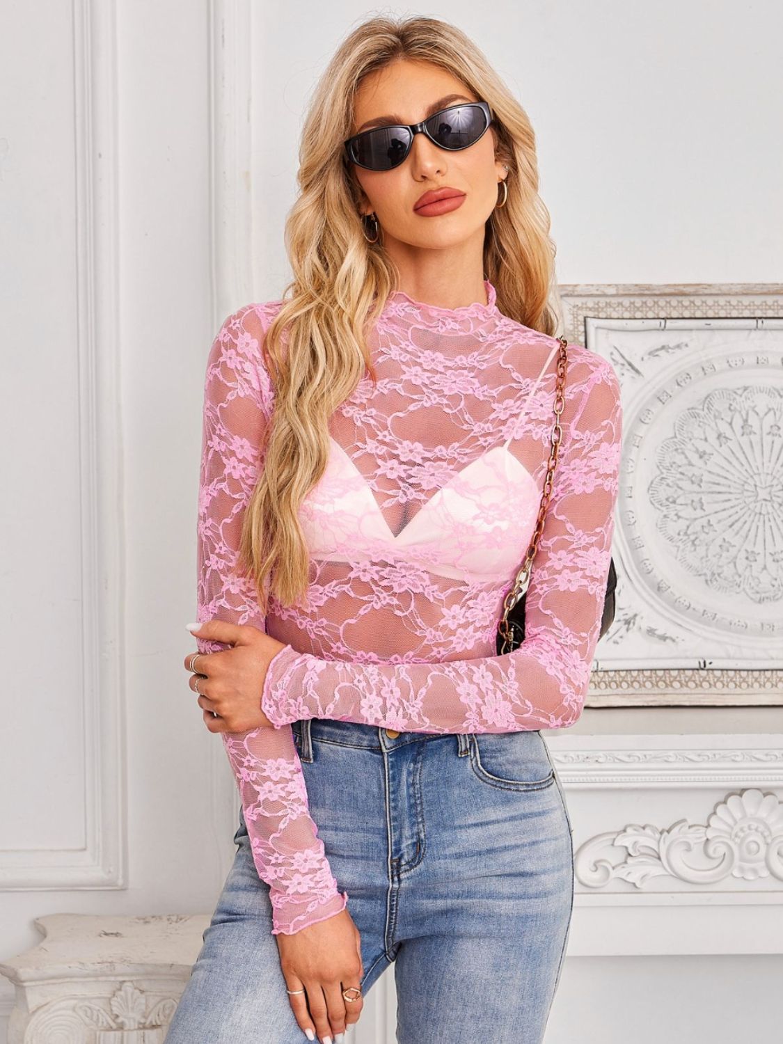 Mock Neck Long Sleeve Lace Sheer Top - Ladyez