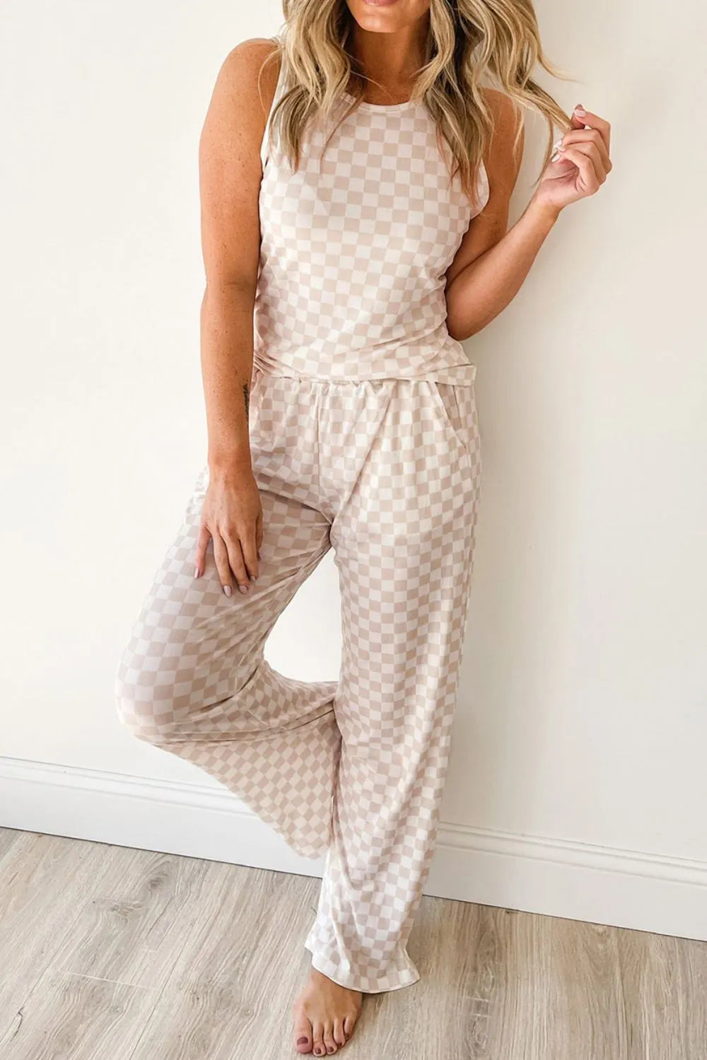 Ribbed Texture Checkered Print Tank and Pants Set - Ladyez
