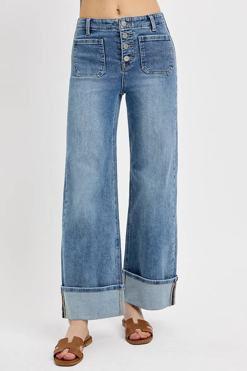 RISEN High Rise Ankle Wide Button Patch Pocket Cuffed Jeans - Ladyez