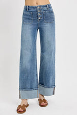 RISEN High Rise Ankle Wide Button Patch Pocket Cuffed Jeans - Ladyez