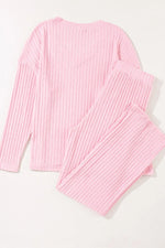 Ribbed V-Neck Top and Pants Lounge Set - Ladyez