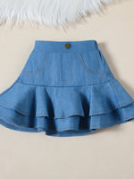 Children's Cami & Star Print Mesh Top & Ruffle Denim Skirt Set