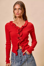SO ME Cascade Ruffle Ribbed Sweater Cardgian