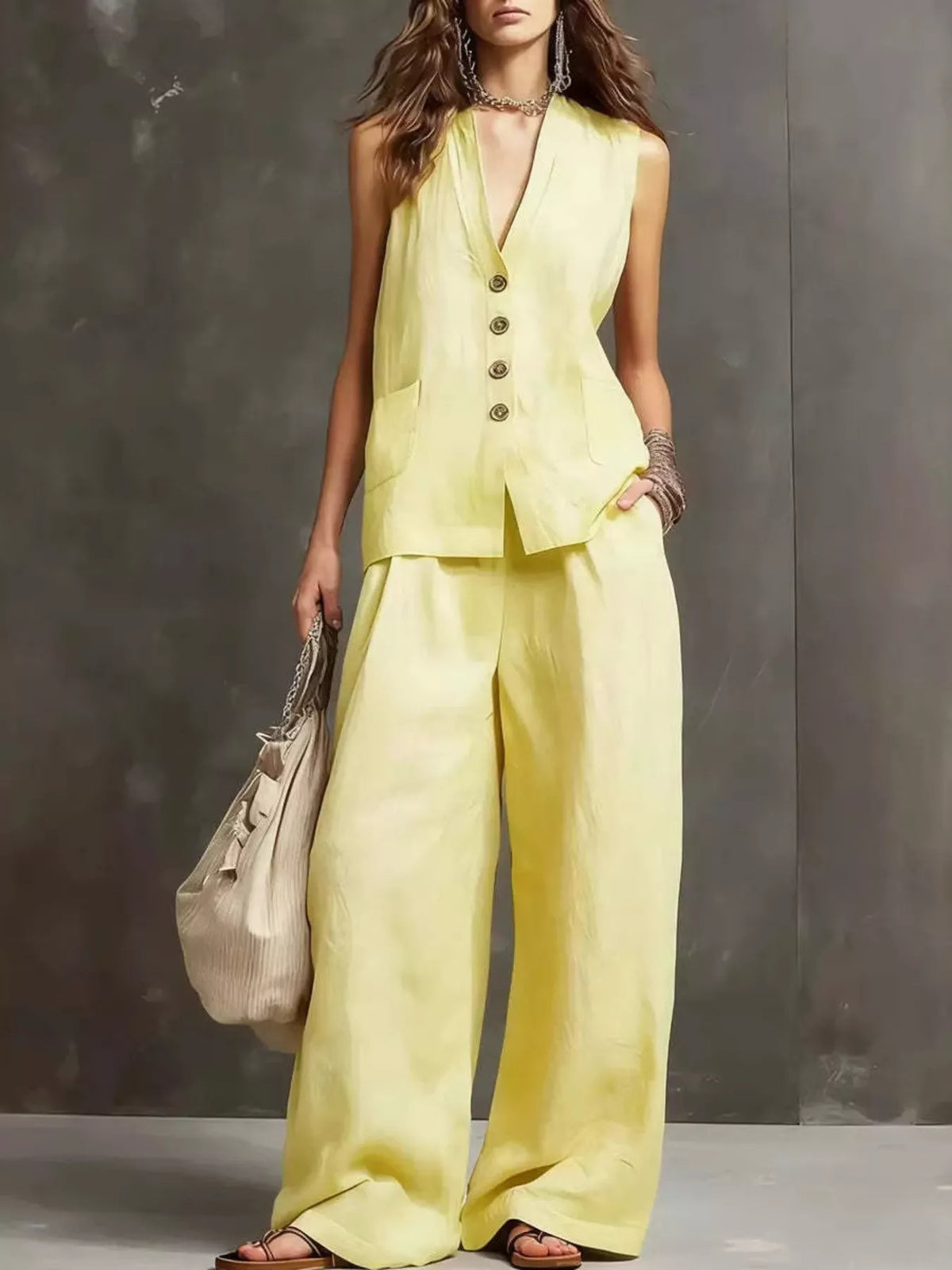 Full Size Sleeveless Vest and Wide-Leg Pants Set Plus SIze