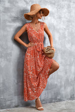 Printed V-Neck Tie Waist Maxi Dress - Ladyez