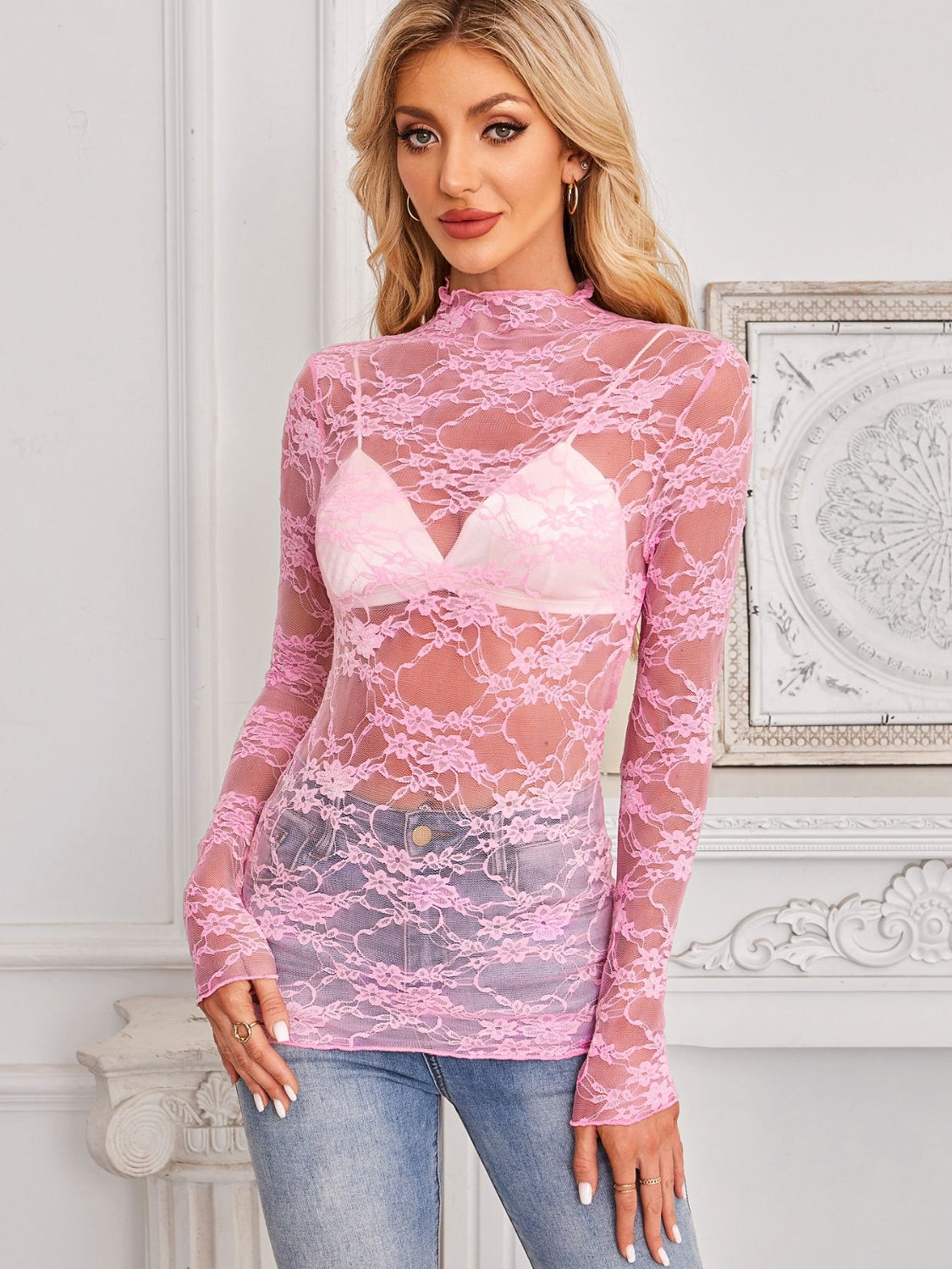 Mock Neck Long Sleeve Lace Sheer Top - Ladyez