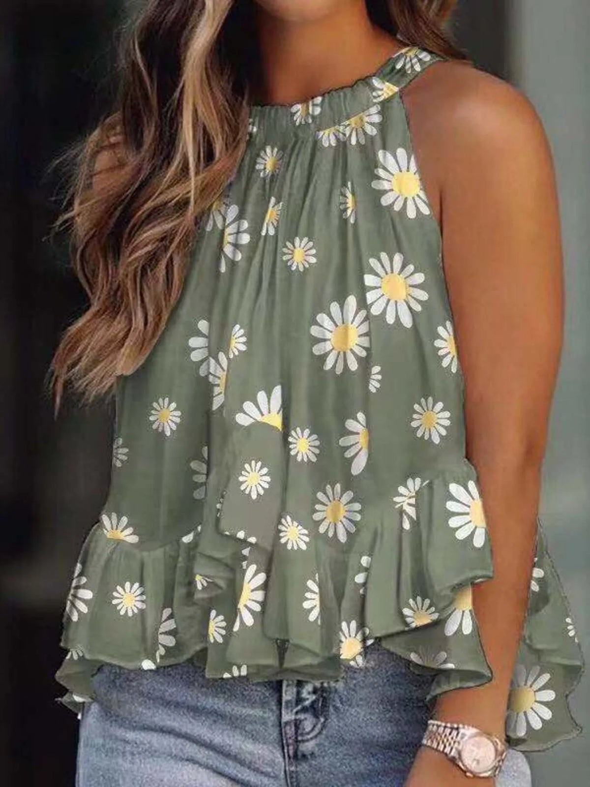 Ruffled Printed Halter Neck Cami Top - Ladyez