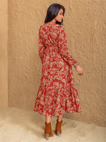 Boho Floral Print Long Sleeve Midi Dress