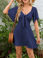 Smocked Back Knotted Flutter Sleeve Dress - Ladyez