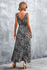 Printed V-Neck Tie Waist Maxi Dress - Ladyez