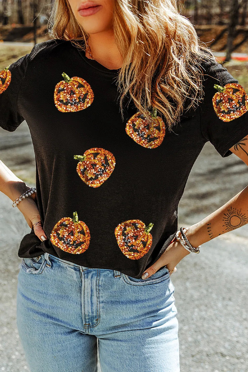 Sequin Pumpkin Round Neck Short Sleeve T-Shirt - Ladyez