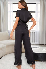 Surplice Neck Tie Waist Top and Pants Pajama Set - Ladyez