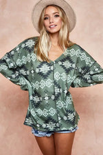 BiBi Aztec Print Brushed Out Stitching Detailed Top
