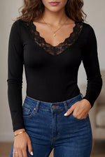 Lace Trim Elegant Neckline Long Sleeve Slim Top
