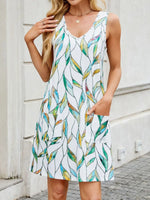 Printed V-Neck Sleeveless Mini Dress with Pockets - Ladyez