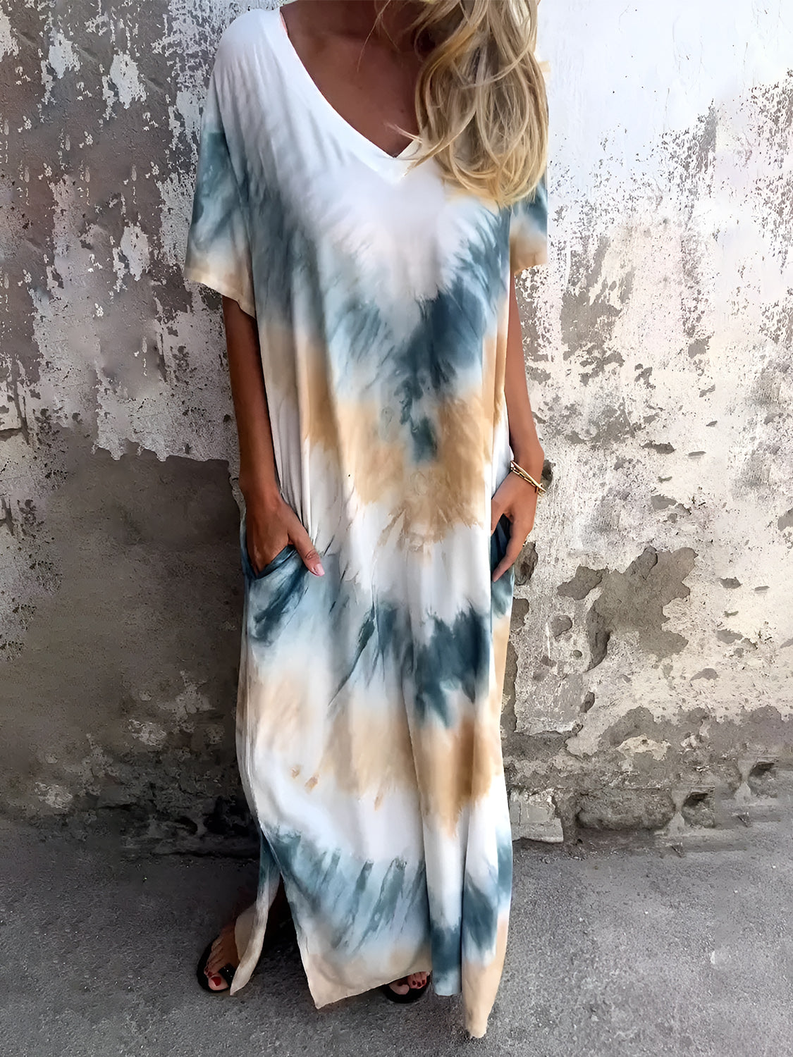 Full Size Pocketed Tie-Dye Short Sleeve Dress - Ladyez
