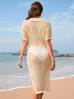 Slit Openwork Johnny Collar Short Sleeve Cover-Up - Ladyez