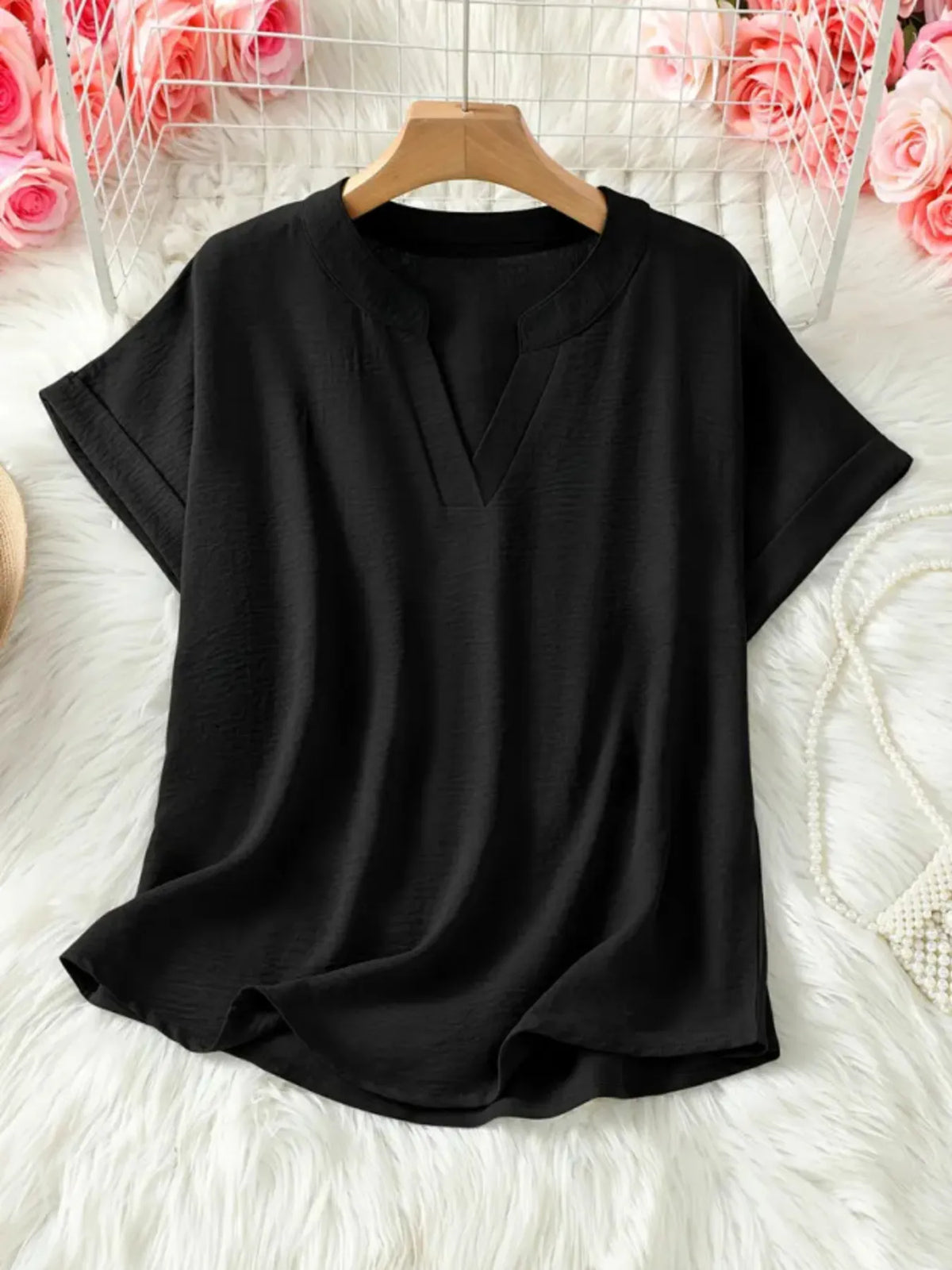 Casual Notched Short Sleeve Blouse - Ladyez