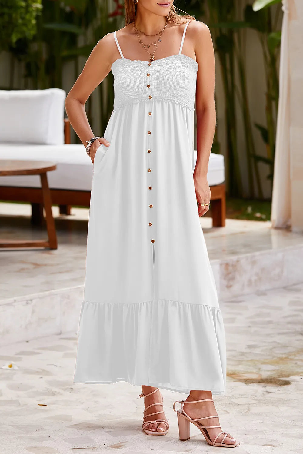 Smocked Spaghetti Strap Ruffle Hem Dress - Ladyez