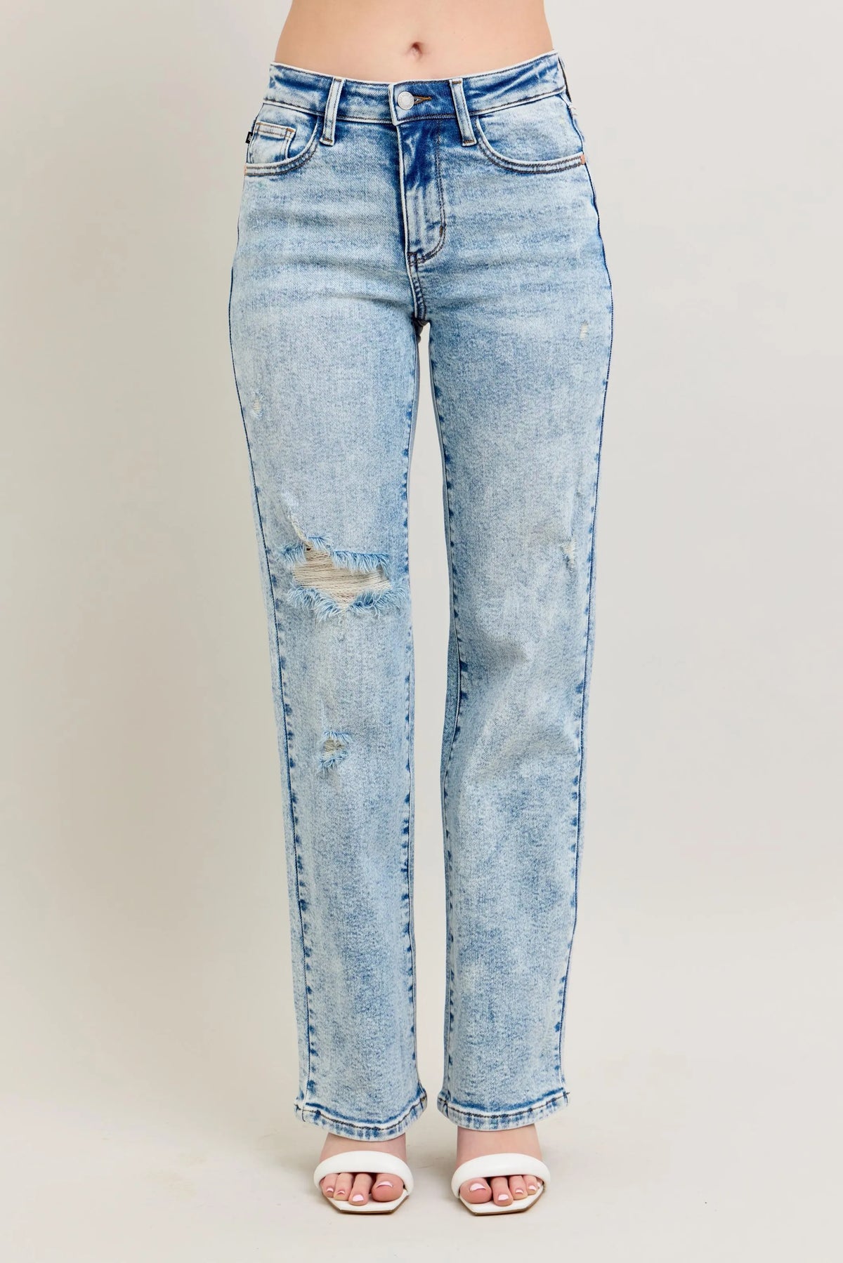 Judy Blue Full Size Hw Mineral Wash Destroy 90's Straight Jeans Plus Size - Ladyez