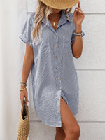 Striped Button Down Short Sleeve Mini Dress - Ladyez