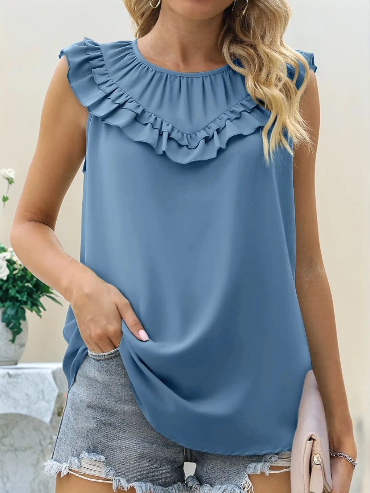 Ruffle Trim Round Neck Blouse