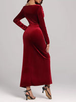 Ruched Velvet Long Sleeve Slit Dress