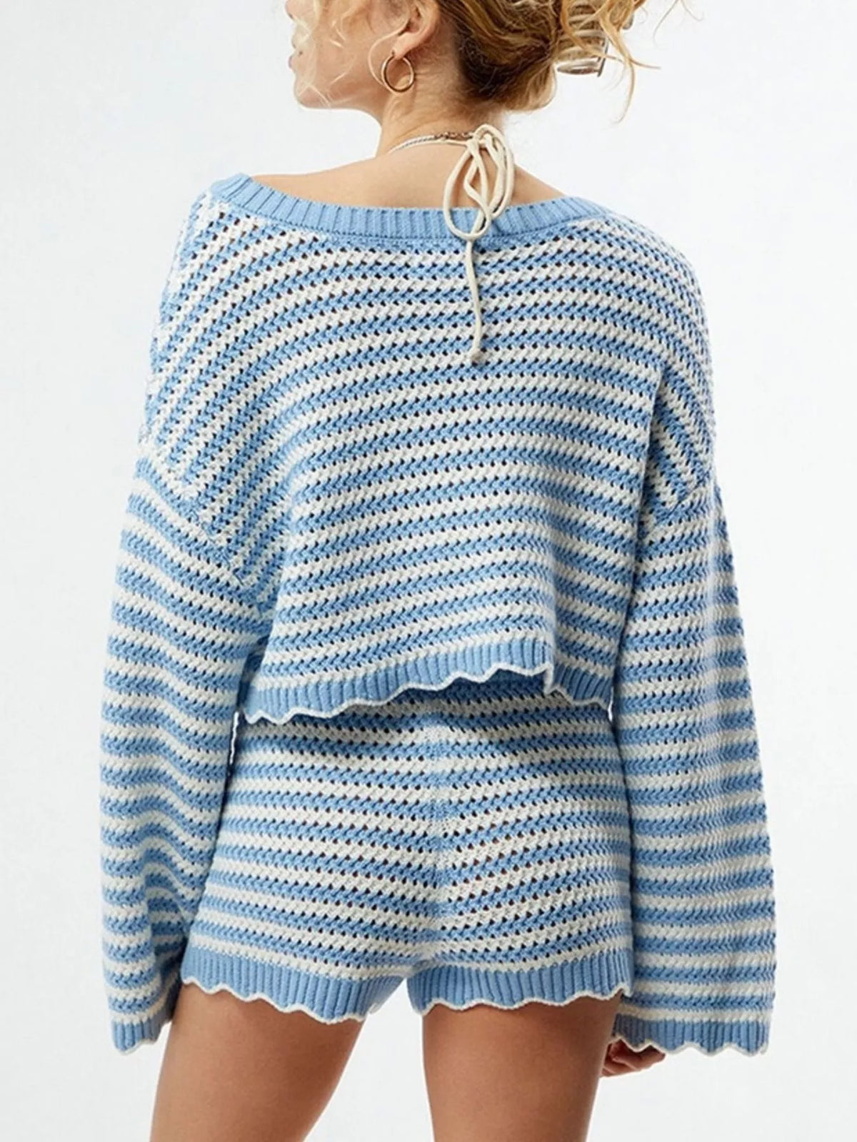 Scalloped Edges Striped Top and Shorts Set