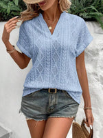 Openwork Notched Short Sleeve Blouse
