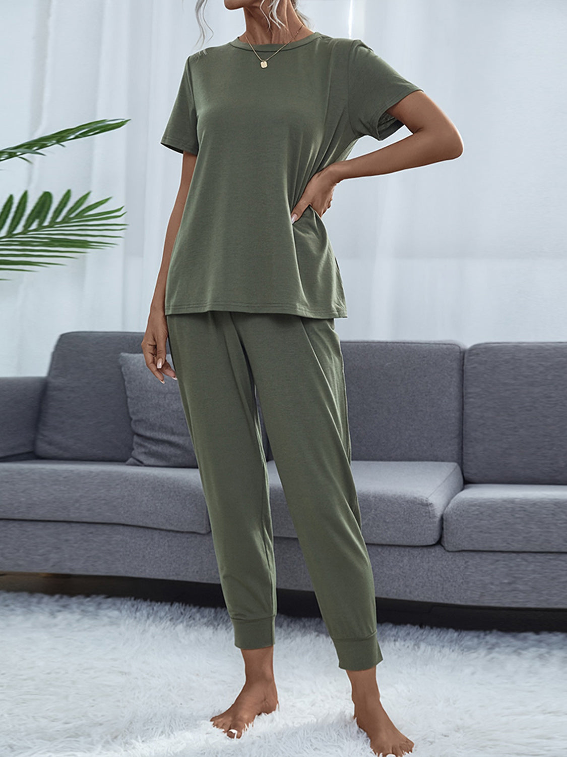 Shiny Round Neck Short Sleeve Top and Pants Set - Ladyez