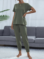 Shiny Round Neck Short Sleeve Top and Pants Set - Ladyez