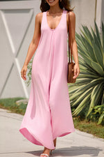 Sleeveless V Neck Pocketed Wide Leg Jumpsuit