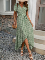 Printed Surplice Maxi Dress with Flutter Sleeves - Ladyez