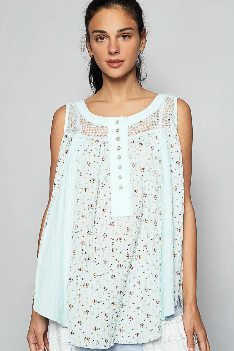 POL Floral Print Button-Front Lace Patchwork Tank Top - Ladyez