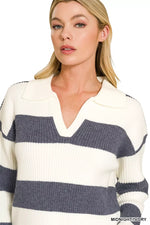 Zenana Striped Collared Sweater