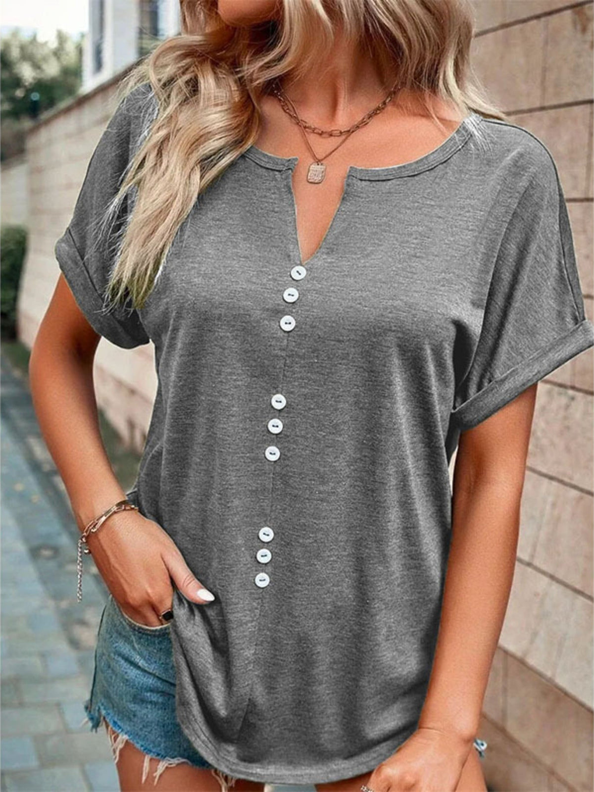 Full Size Decor Button Short Sleeve T-Shirt Plus Size