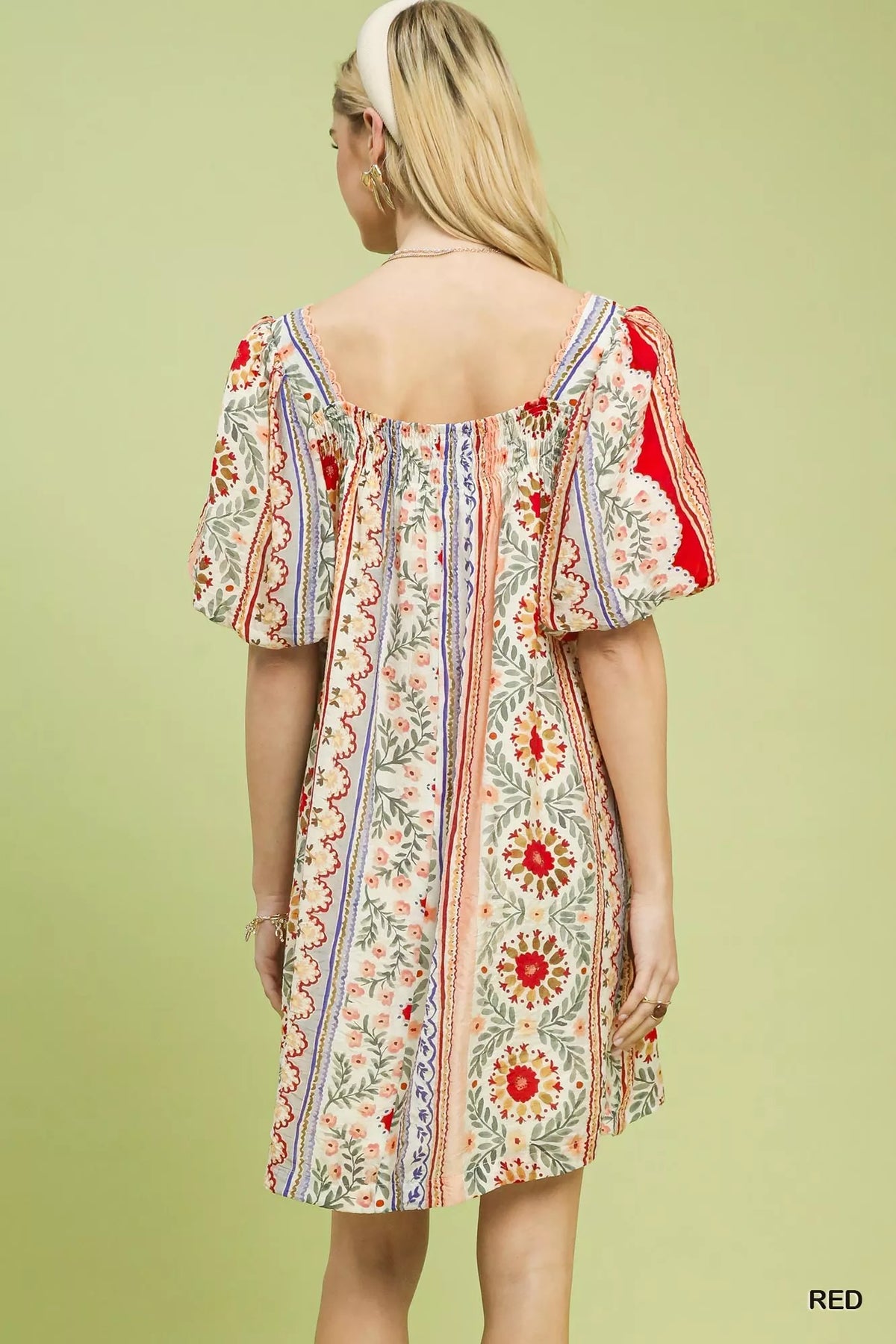 Umgee Mixed Print Puff Sleeve Mini Dress
