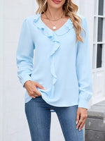 Ruffled V-Neck Long Sleeve Blouse