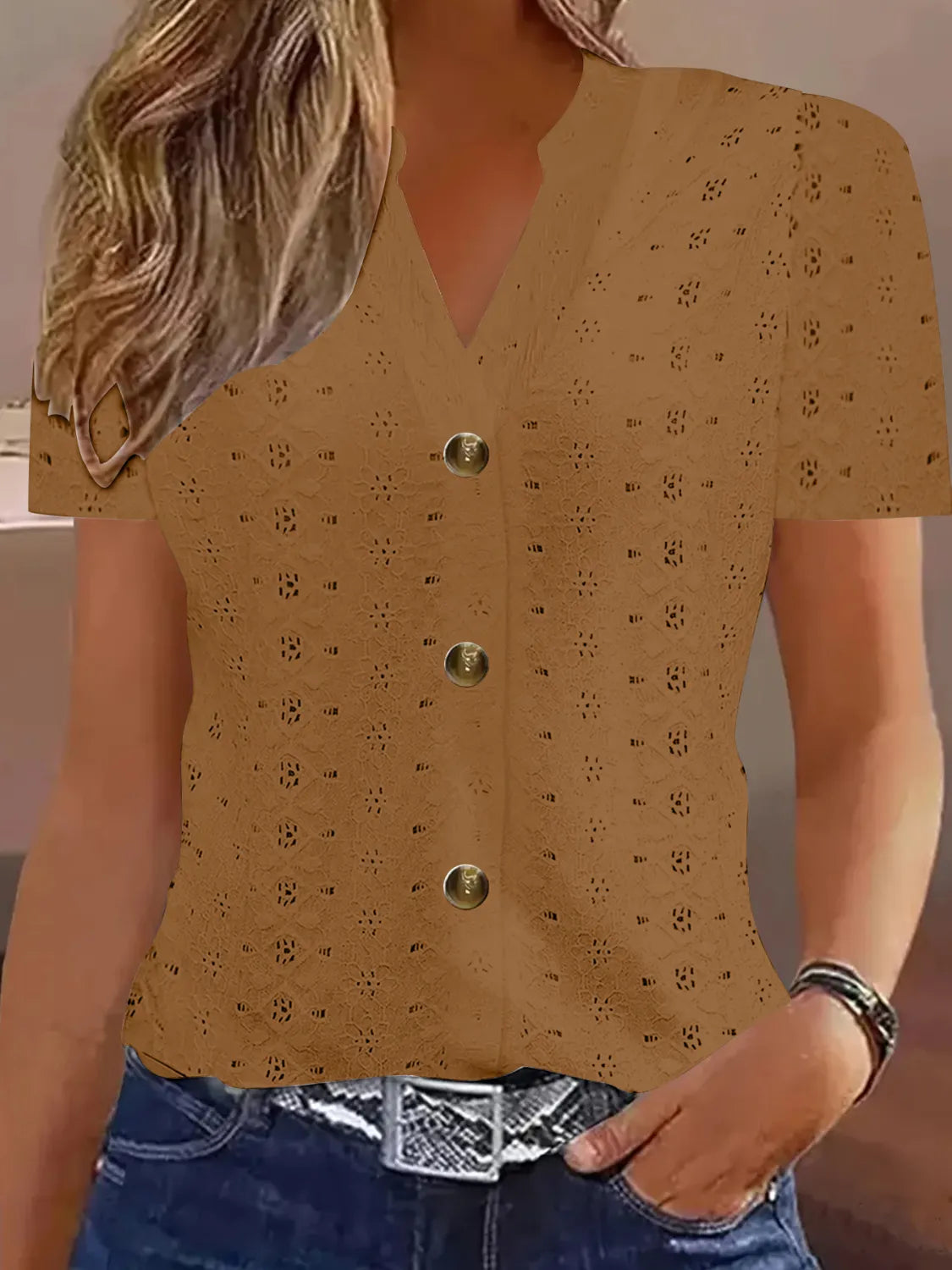 Openwork Notched Short Sleeve Top
