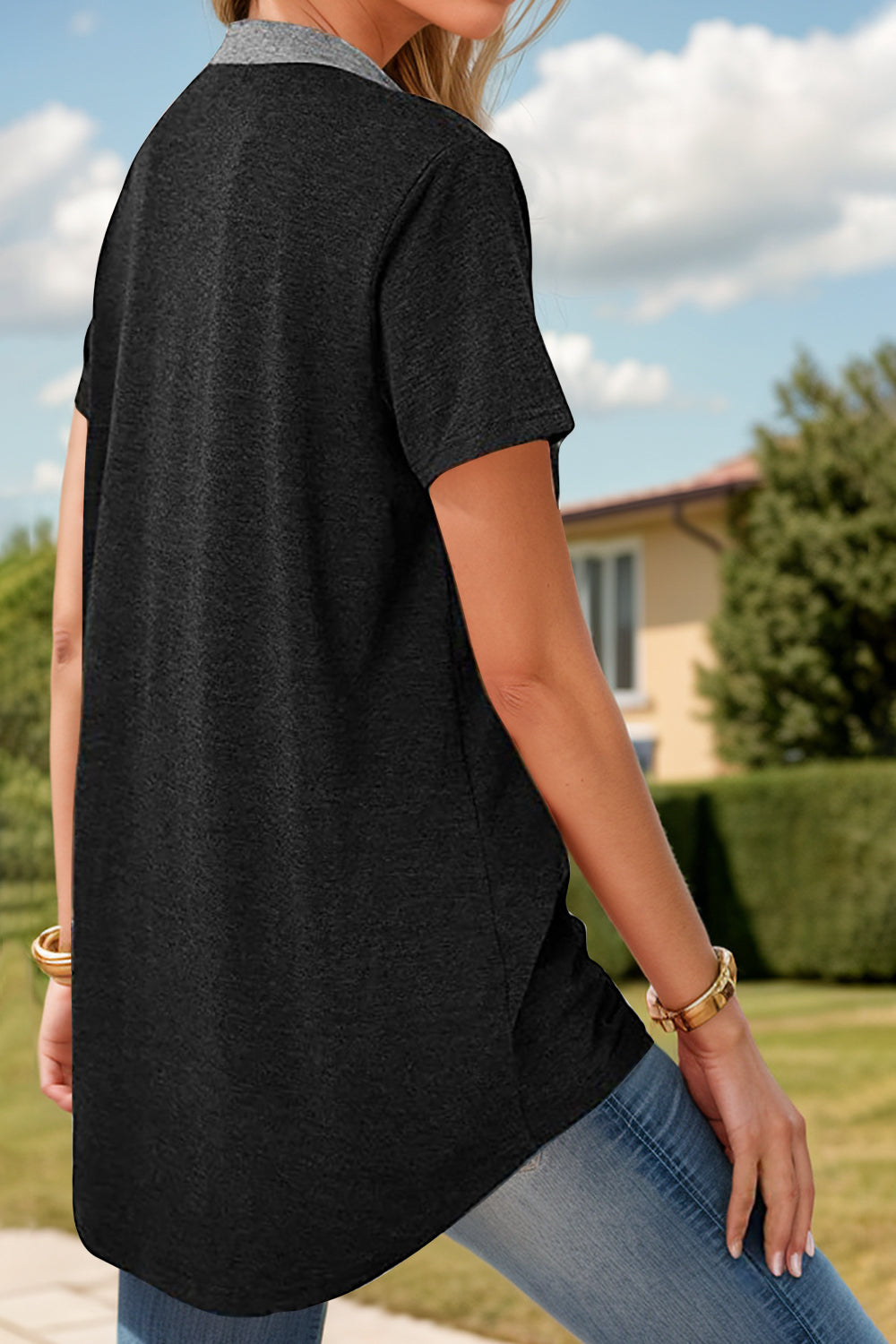 Full Size Half Button Short Sleeve T-Shirt - Ladyez